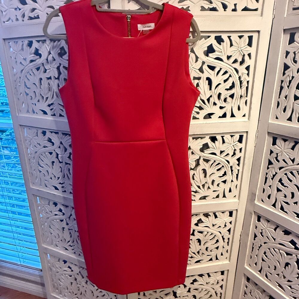 Calvin Klein  Size 12 red/bright cerise Sleeveless Crepe Midi Sheath Dress